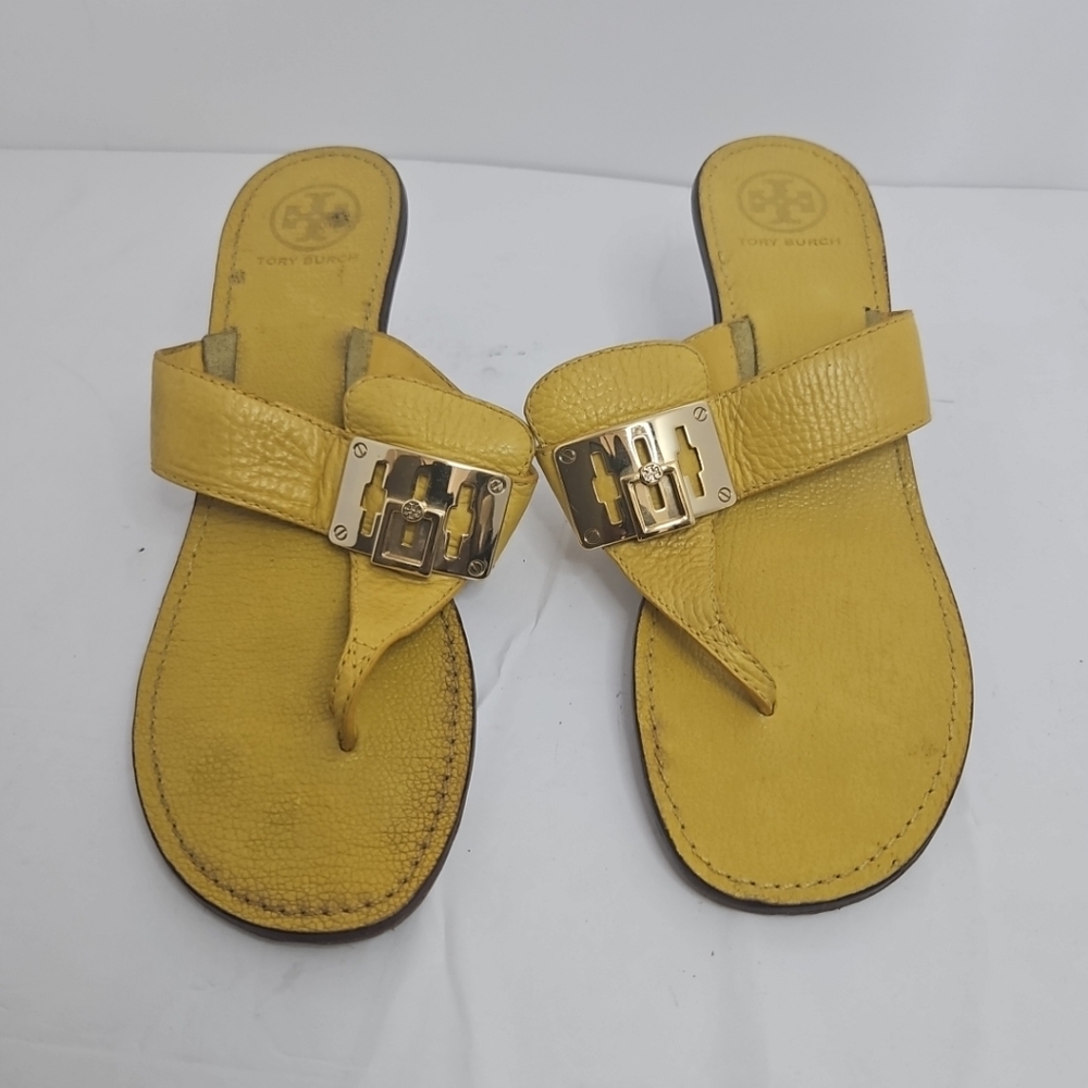 Tory Burch sz 9.5 ray yellow Sibyll tumbled leather heels sandals